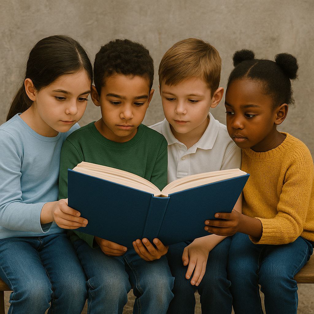 أربعة أطفال من خلفيات مختلفة يقرؤون معًا من كتاب واحد، في مشهد يرمز لوحدة الهوية السورية عبر التعليم المشترك