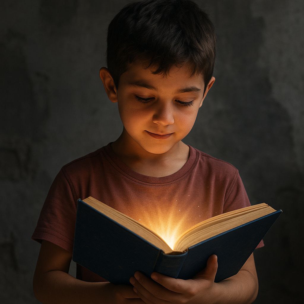 طفل سوري يقرأ كتابًا مفتوحًا ينبعث منه ضوء، في مشهد رمزي يعبر عن نور التعليم في سوريا الجديدة