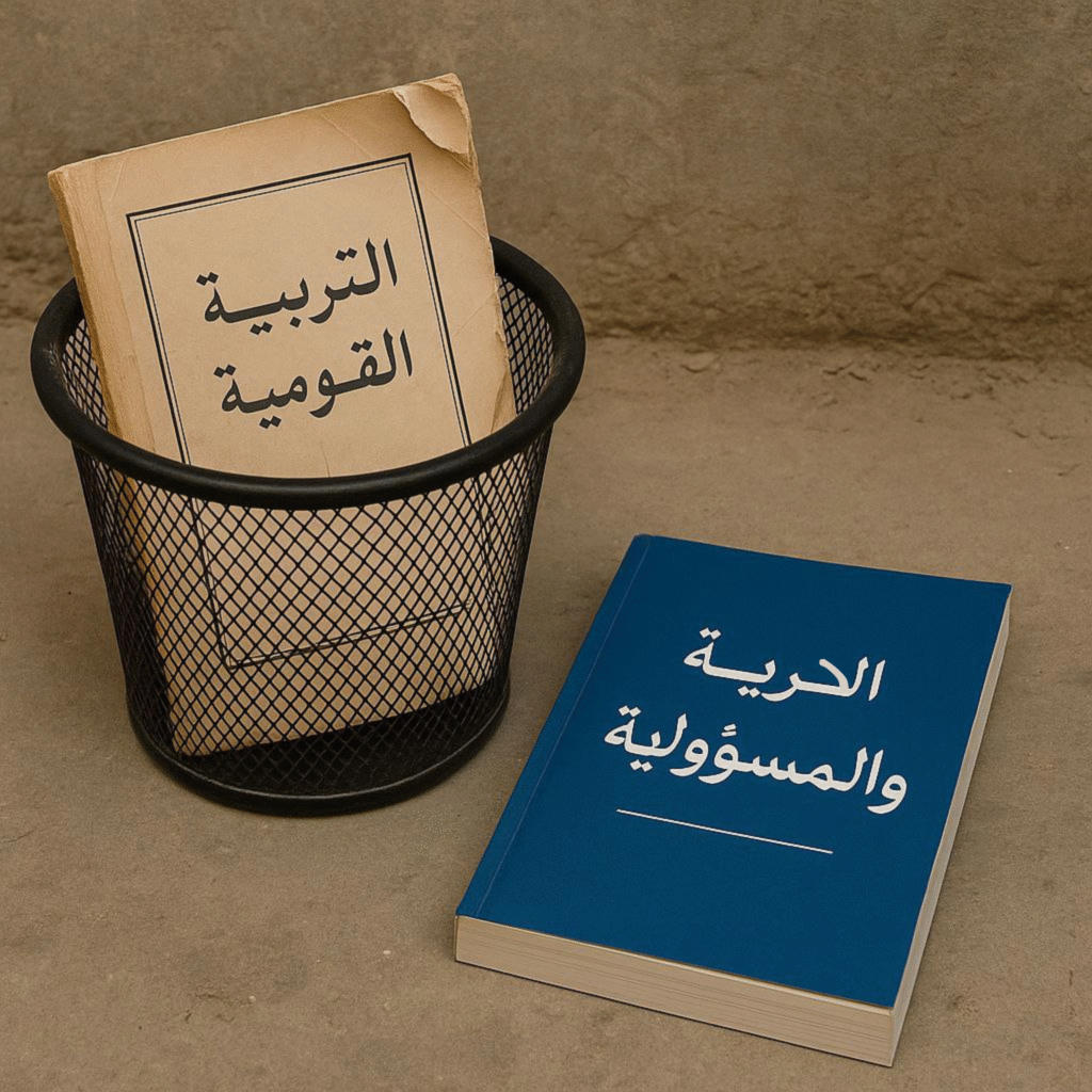 كتاب "التربية القومية" المهترئ داخل سلة مهملات، وإلى جواره كتاب جديد بعنوان "الحرية والمسؤولية"، في مشهد رمزي لتحوّل المناهج السورية بعد سقوط النظام