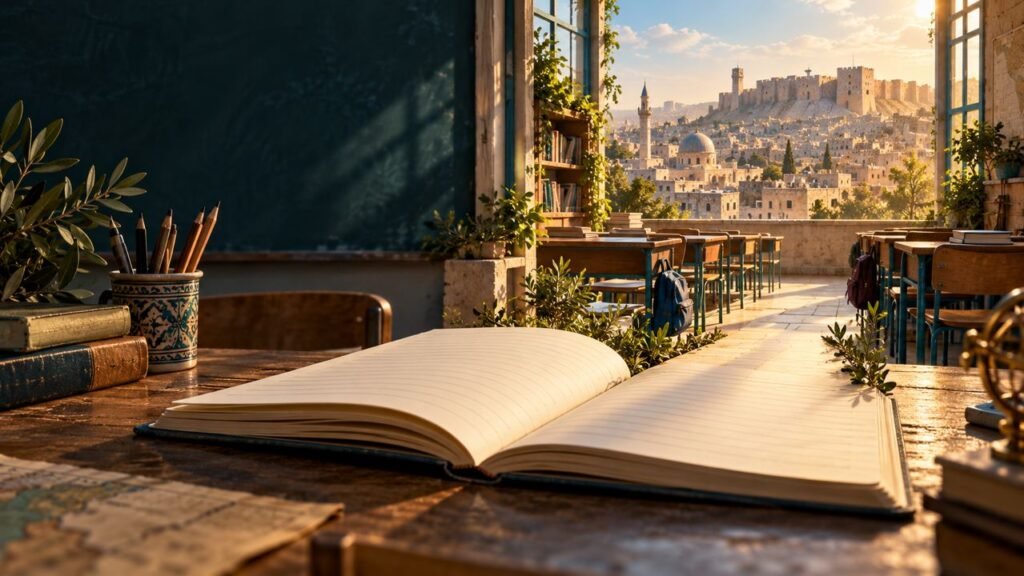 فصل دراسي يطل على المدينة مع كتاب مفتوح، رمز لبداية تعليمية جديدة في سوريا.