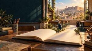فصل دراسي يطل على المدينة مع كتاب مفتوح، رمز لبداية تعليمية جديدة في سوريا.