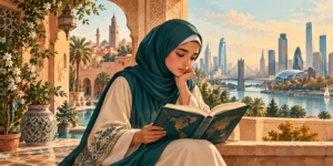 فتاة محجبة تقرأ بين فضاءين ثقافيين، تعبيرا عن الهوية والانتماء لدى أبناء الثقافة الثالثة